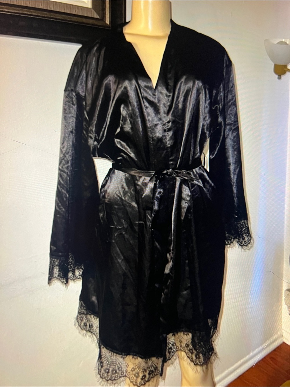 Black Satin Lace-Trim Robe - Women Intimates & Sleepwear